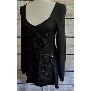 Nanette Lepore Black Beaded V-Neck Sweater